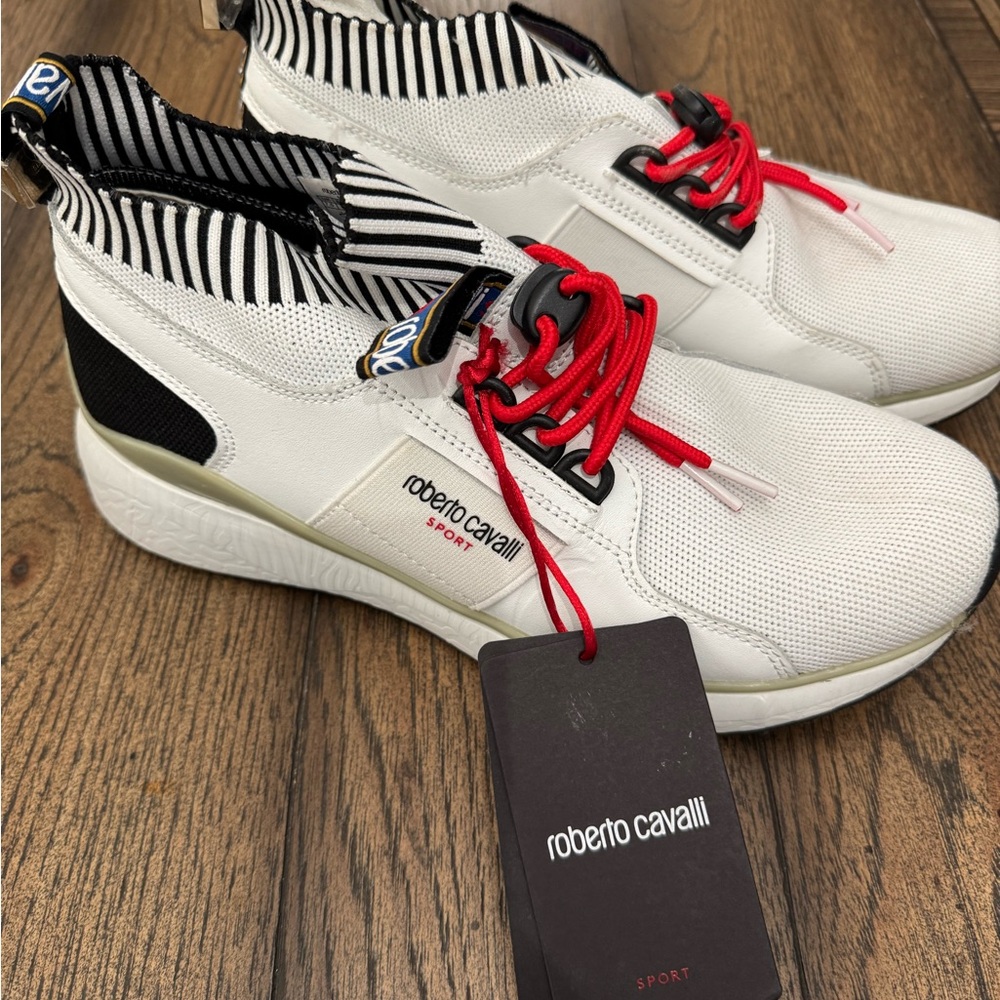 Roberto Cavalli White and Black Sneakers with Red Laces
